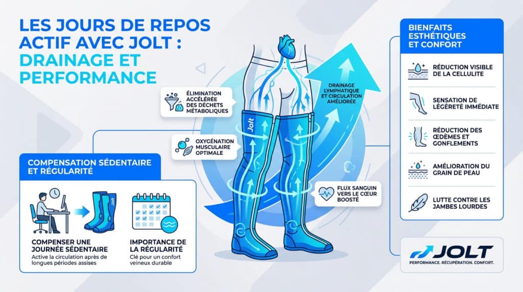 Infographie montrant les bienfaits des bottes de pressothérapie Jolt sur la circulation et la récupération musculaire.
