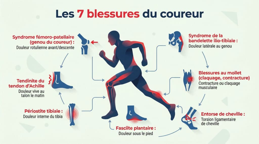 Schéma anatomique illustrant les 7 blessures les plus courantes chez le coureur à pied.