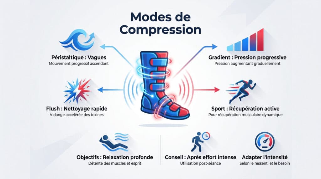 Infographie illustrant les différents modes de compression d'une botte de récupération avec leurs fonctions spécifiques.