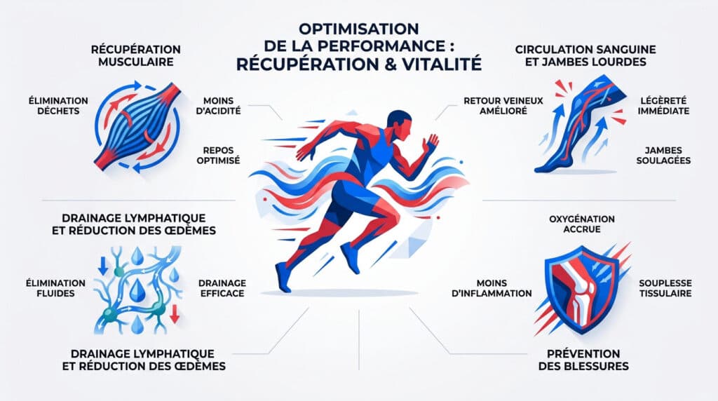 Infographie montrant les bienfaits physiques d'un coureur : récupération musculaire, circulation, drainage et prévention.