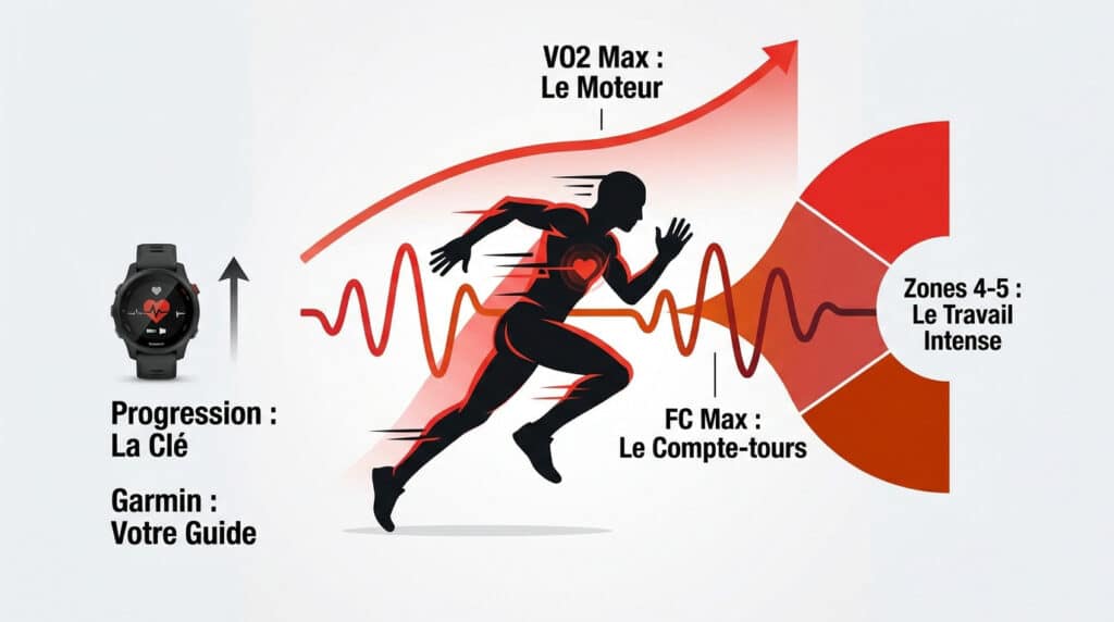Illustration montrant un coureur, une montre Garmin et des graphiques expliquant le lien entre VO2 max et intensité.