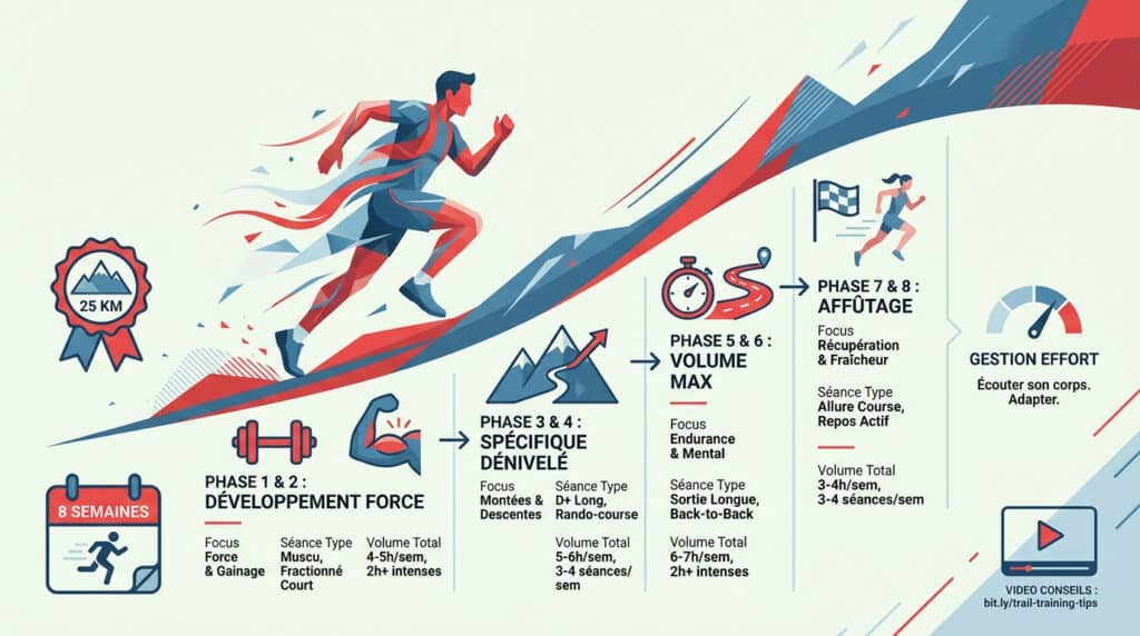Infographie illustrant un plan de préparation de trail en 8 semaines avec phases de force, dénivelé, volume et affûtage.