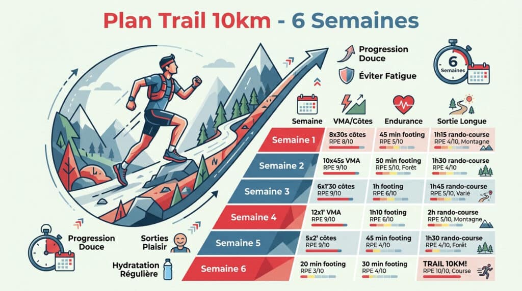 Infographie montrant un plan d'entraînement de trail de 6 semaines avec un coureur en montagne et un tableau détaillé.