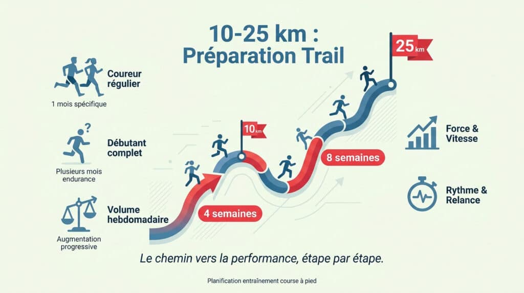 Infographie montrant les étapes d'entraînement pour un trail de 10 à 25 km, incluant les niveaux et la progression.