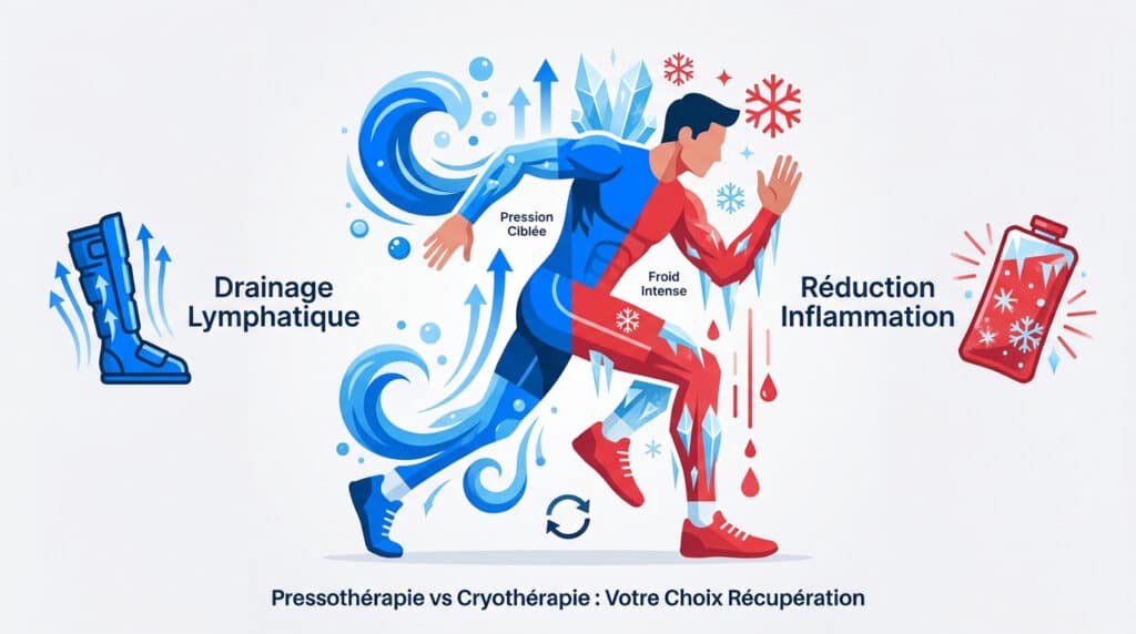 Illustration comparant la pressothérapie (drainage lymphatique) et la cryothérapie pour la récupération sportive.