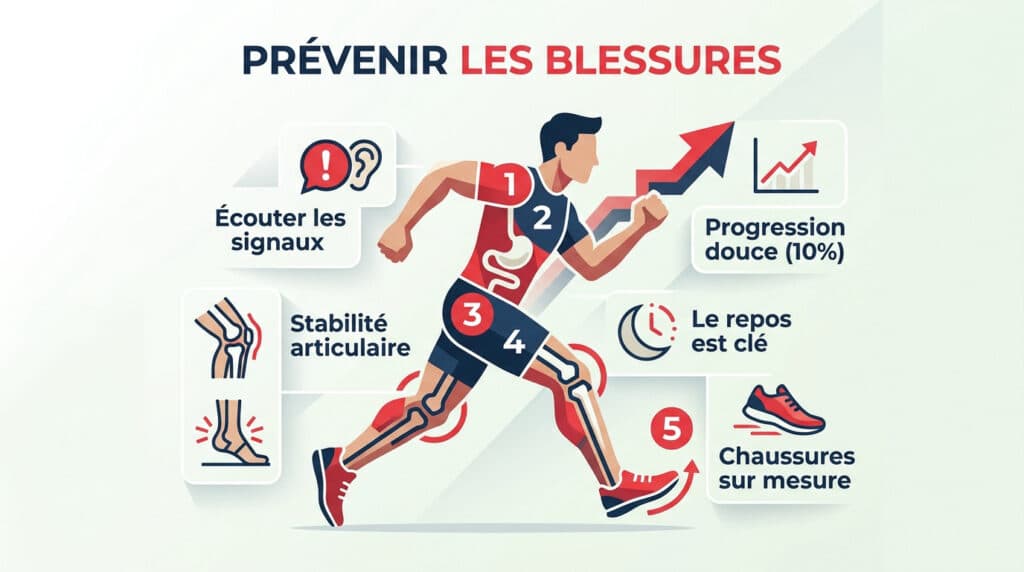 Infographie montrant cinq conseils pour éviter les blessures lors de la course à pied.
