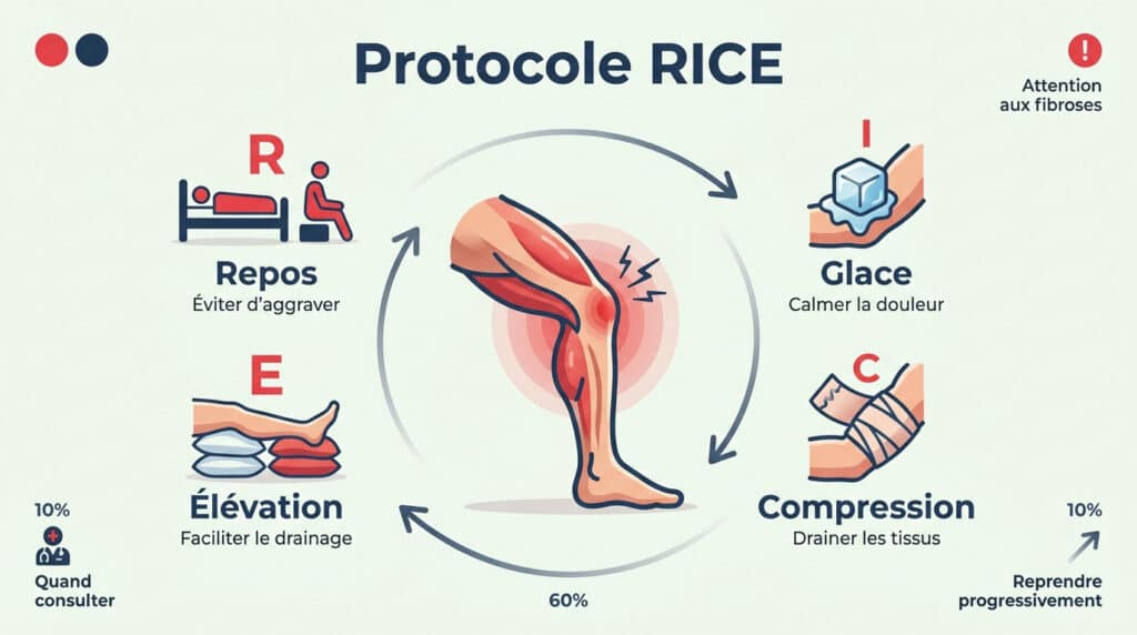 Infographie expliquant les étapes du protocole RICE pour soigner une blessure : Repos, Glace, Compression, Élévation.