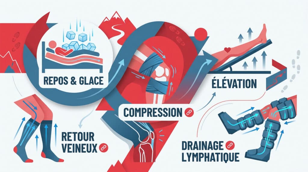 Illustration montrant les techniques de soin pour genou : repos, glace, compression, élévation et drainage lymphatique.