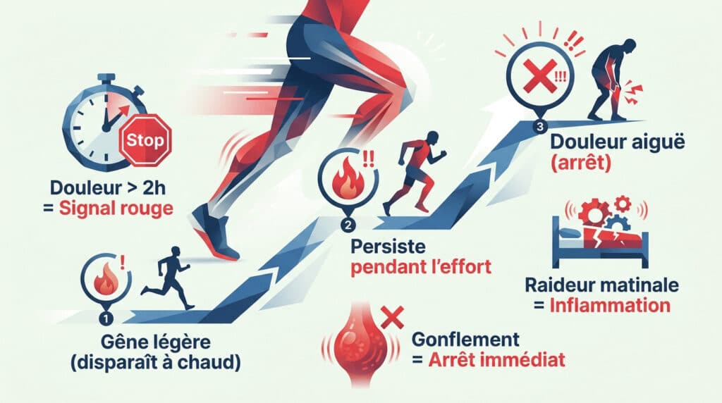 Infographie illustrant les signes d'alerte de blessure chez le coureur : douleur, gonflement et raideur.