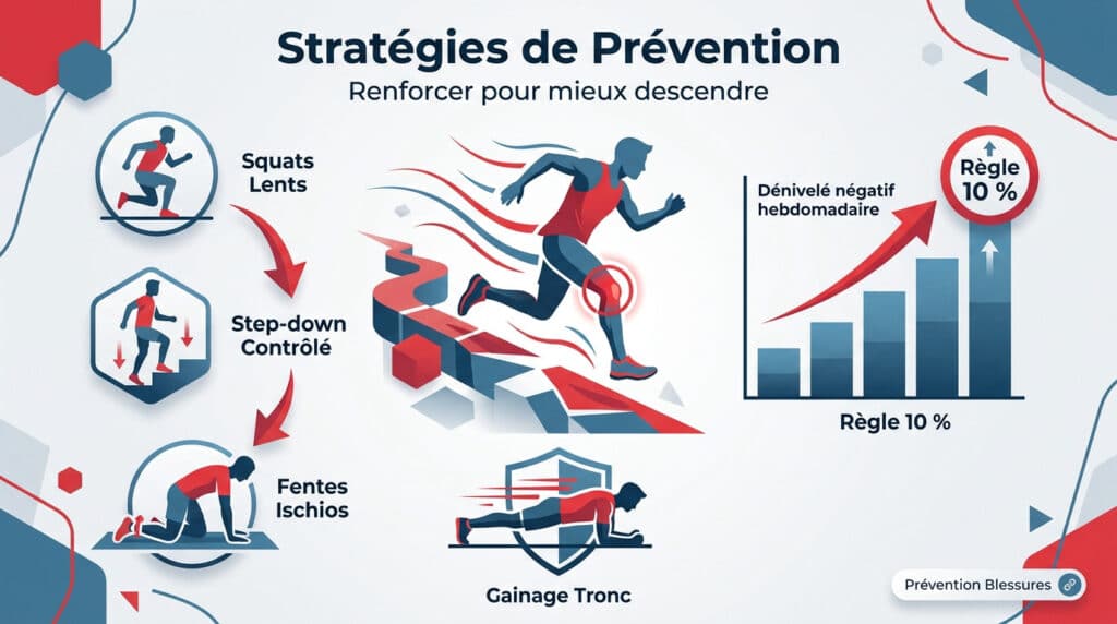 Infographie illustrant des exercices de renforcement et la règle des 10 % pour prévenir les blessures au genou en trail.