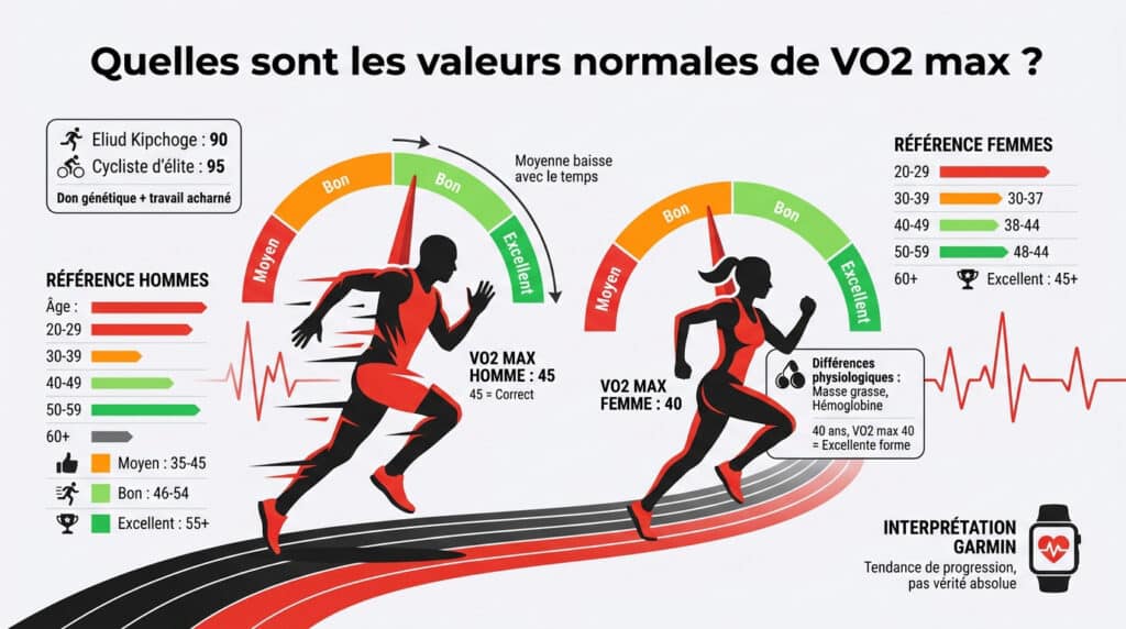 Infographie comparant les niveaux de VO2 max pour hommes et femmes selon l'âge et la performance sportive.