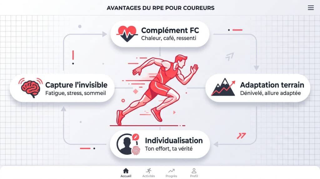 Infographie montrant les quatre avantages principaux de l'utilisation du RPE (effort perçu) pour les coureurs.