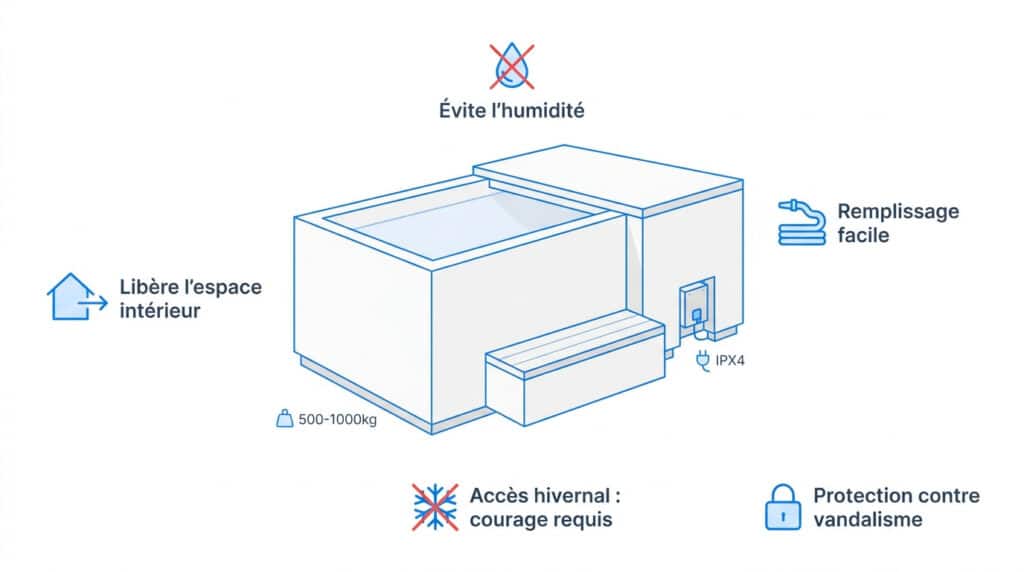 Schéma illustrant les avantages d'installer un bain froid en extérieur avec ses caractéristiques techniques.