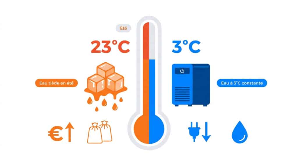 Comparaison entre l'utilisation de glaçons et d'un refroidisseur pour maintenir une eau de bain à 3°C.
