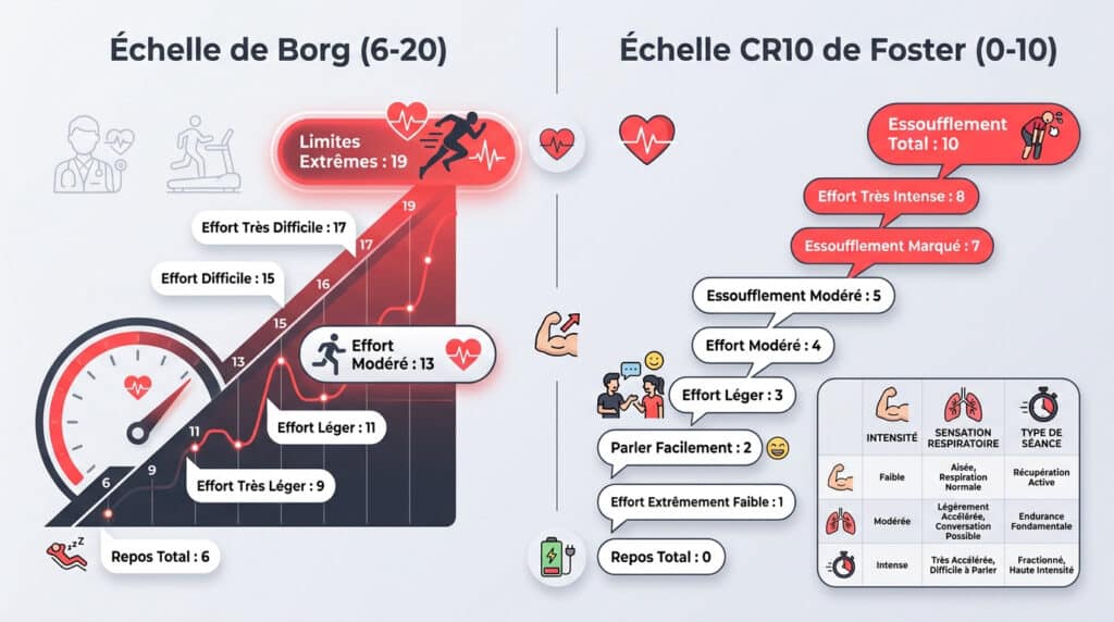 Infographie comparant l'échelle de Borg (6-20) et l'échelle CR10 de Foster (0-10) pour mesurer l'effort physique.