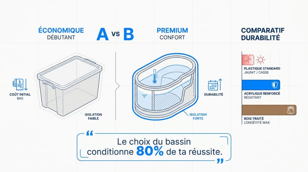 Infographie comparant un bac en plastique simple à une baignoire isolée pour bain froid.