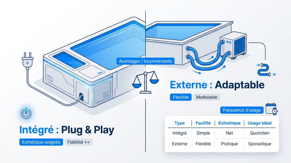 Comparaison illustrée entre un refroidisseur de bain froid intégré et un modèle externe avec tableau récapitulatif.