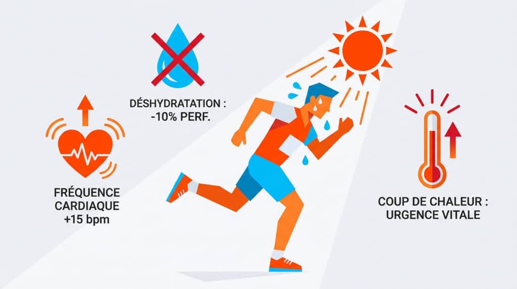Infographie montrant les dangers de la course à pied sous forte chaleur : déshydratation, hausse du rythme cardiaque.