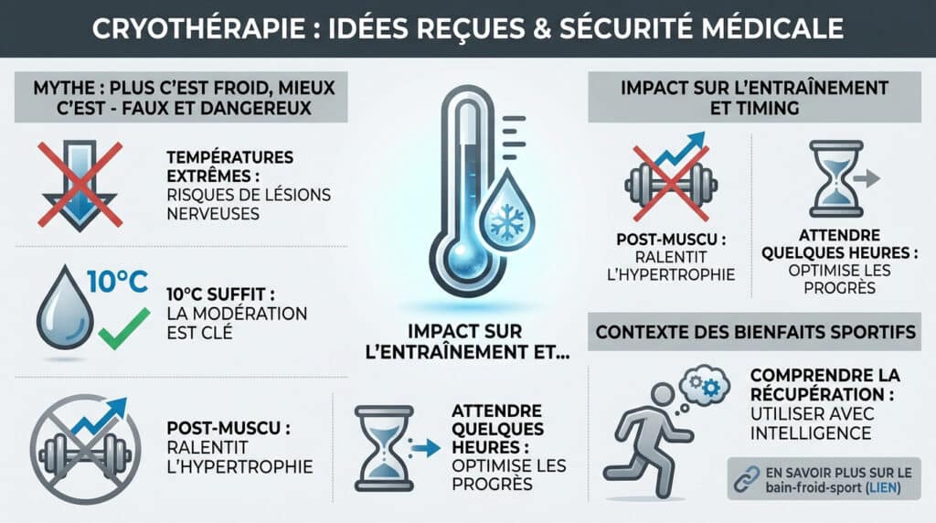 Infographie sur les risques de la cryothérapie et conseils pour une pratique sécurisée du bain froid.