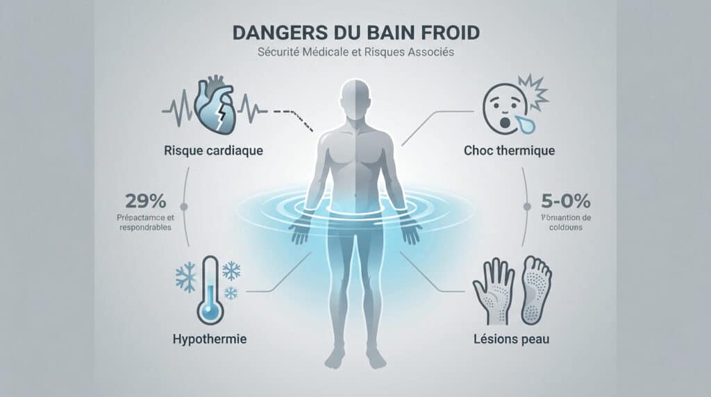 Infographie illustrant les risques médicaux liés aux bains froids : risque cardiaque, choc thermique, hypothermie et lésions.