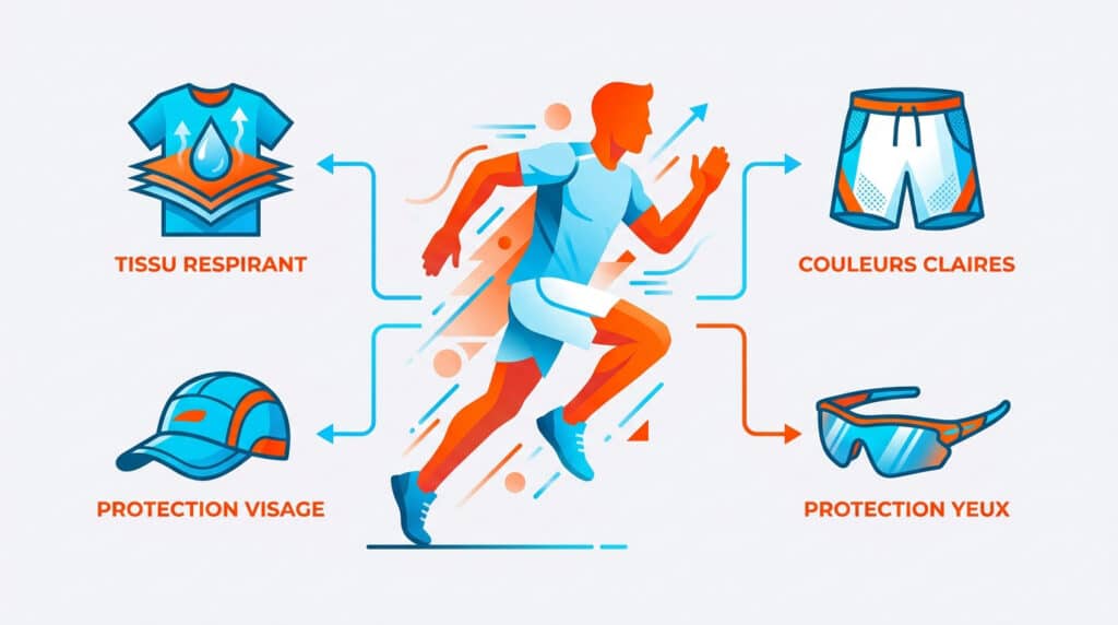 Illustration montrant les vêtements et accessoires recommandés pour courir en plein soleil : t-shirt, short, casquette, lunettes.