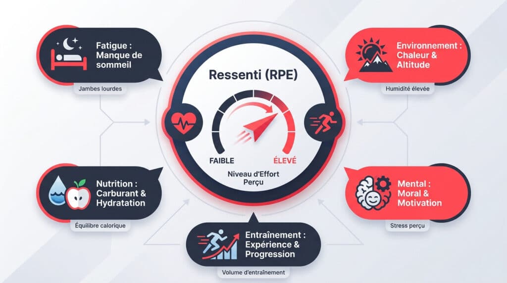 Infographie illustrant le RPE avec cinq facteurs influençant l'effort perçu : sommeil, environnement, nutrition, mental et sport.
