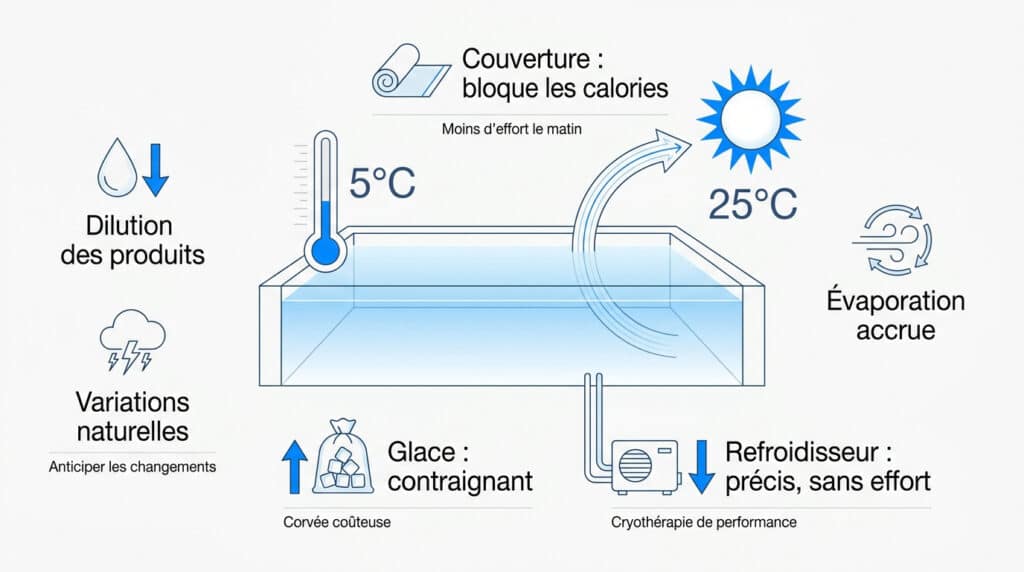 Infographie expliquant les facteurs influençant la température et l'entretien d'un bassin de bain froid en extérieur.