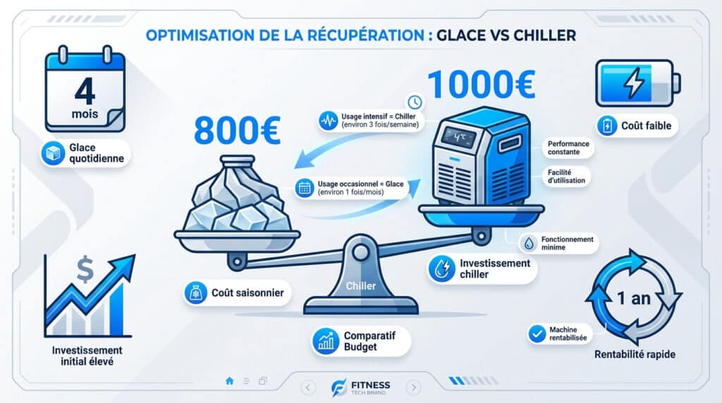 Infographie comparant le coût de la glace et d'un refroidisseur pour bain froid, illustré par une balance.