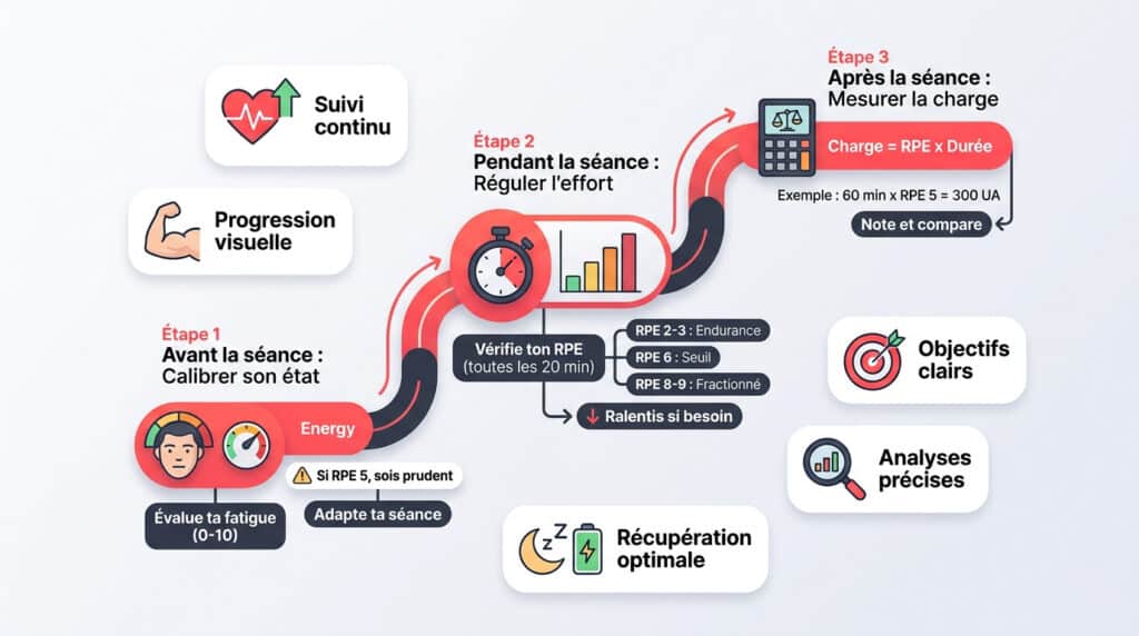 Infographie montrant les 3 étapes d'utilisation du RPE pour le sport : évaluation avant, régulation pendant et analyse après.