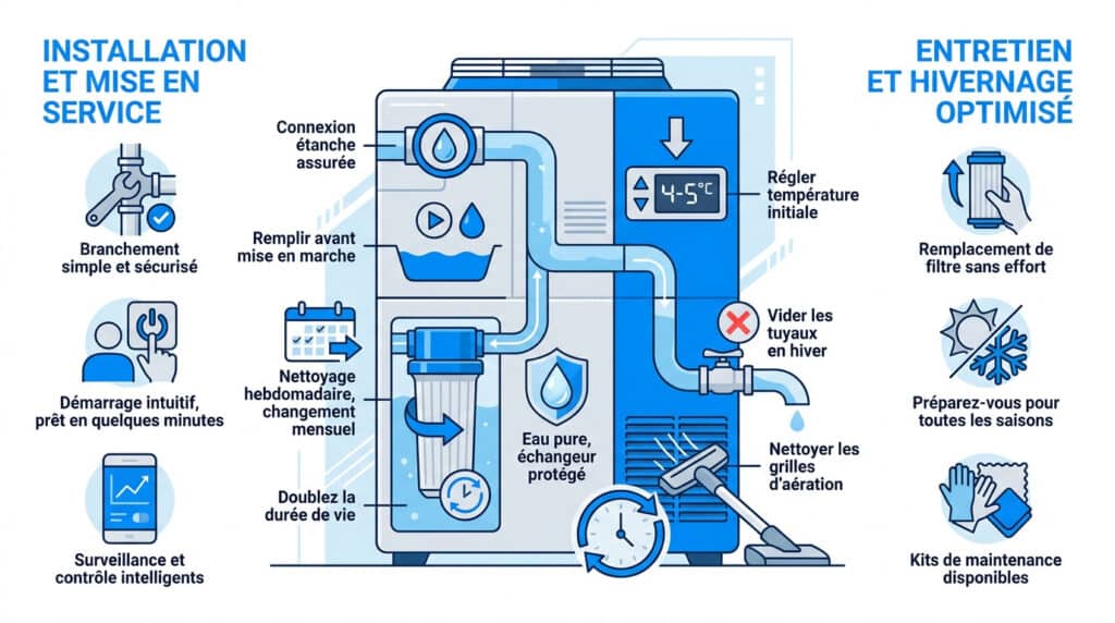 Schéma explicatif illustrant l'installation, le fonctionnement et l'entretien d'un refroidisseur pour bain froid.