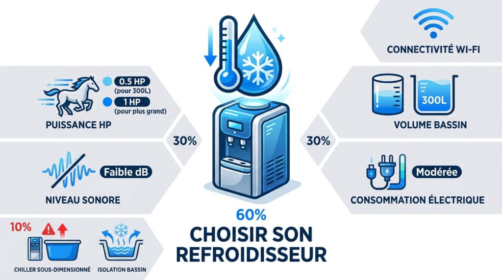 Infographie illustrant les critères de choix d'un refroidisseur pour bain froid, incluant puissance, volume et connectivité.