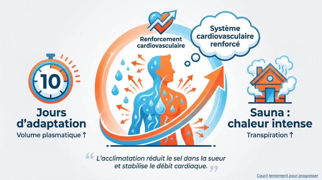 Infographie illustrant l'adaptation du corps à la chaleur : 10 jours, renforcement cardiaque et utilisation du sauna.