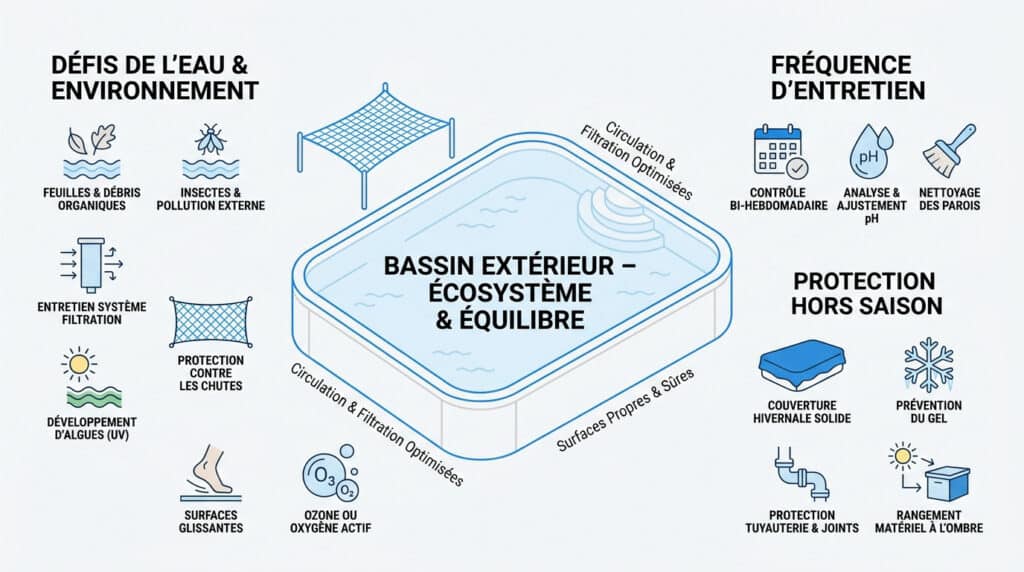 Infographie illustrant l'entretien d'un bassin extérieur avec des icônes pour les défis, la fréquence et la protection.