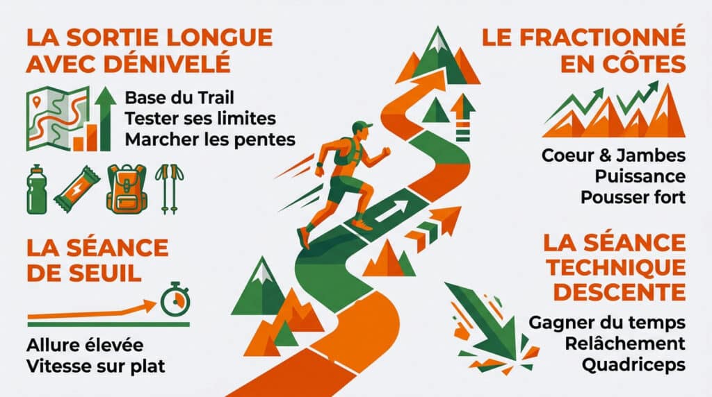 Illustration montrant un traileur sur un sentier entouré des 4 types de séances clés pour progresser en trail.