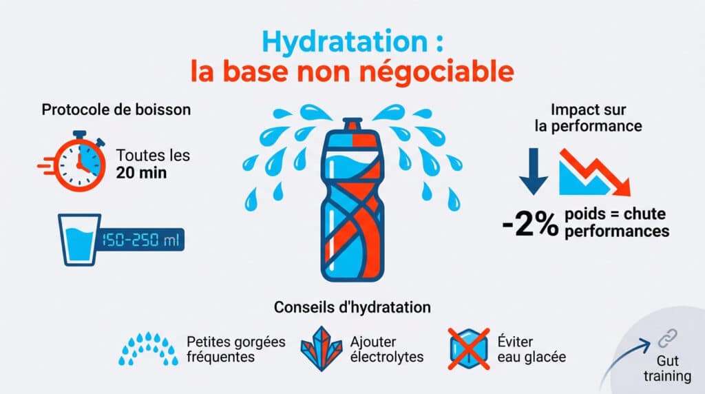 Infographie sur l'hydratation en course à pied montrant les quantités recommandées et les conseils pratiques.