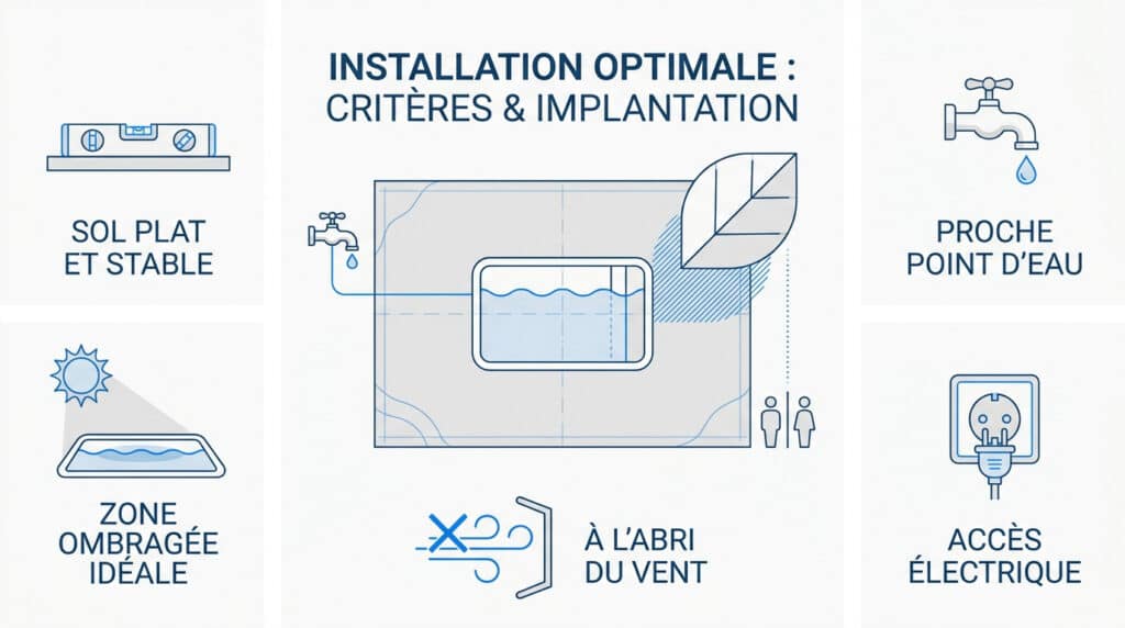 Infographie illustrant les 5 critères pour installer un bain froid : sol stable, accès eau, ombre, abri vent et électricité.