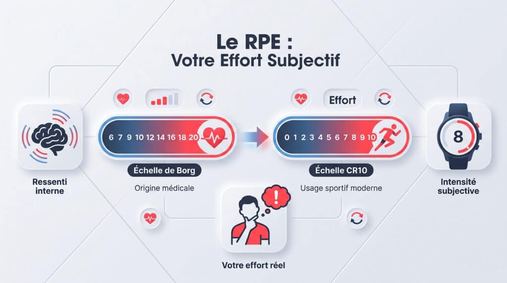 Infographie comparant l'échelle de Borg et l'échelle CR10 pour mesurer l'effort perçu lors de l'entraînement physique.