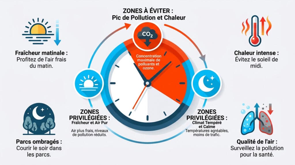Infographie sur les meilleurs horaires pour courir afin d'éviter la chaleur et la pollution.