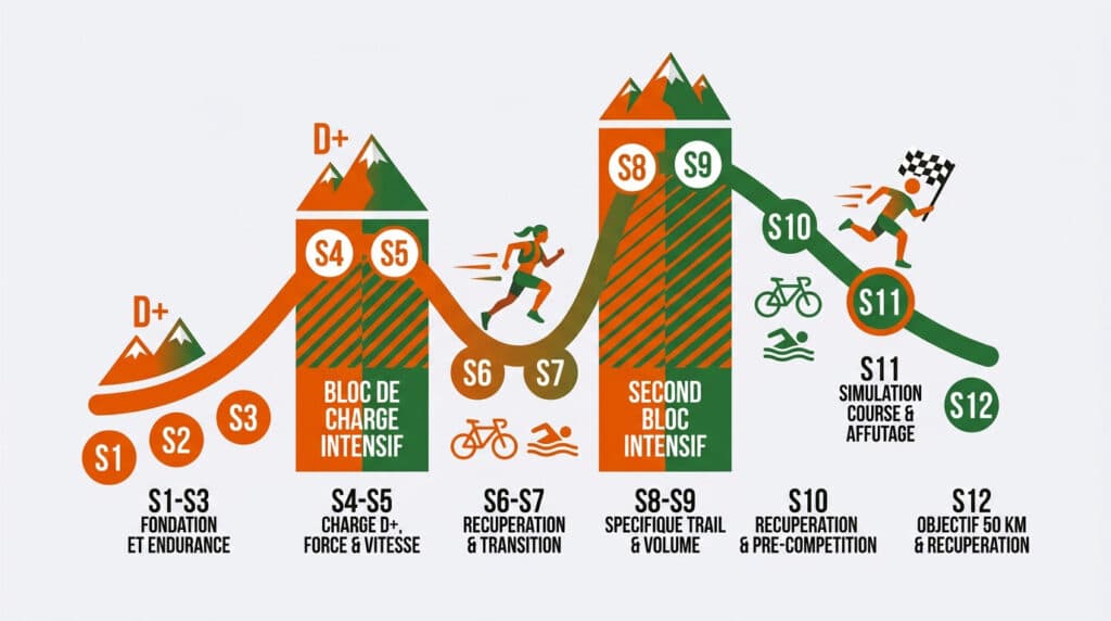 Infographie illustrant un plan d'entraînement de trail sur 12 semaines divisé en blocs de progression, charge et repos.