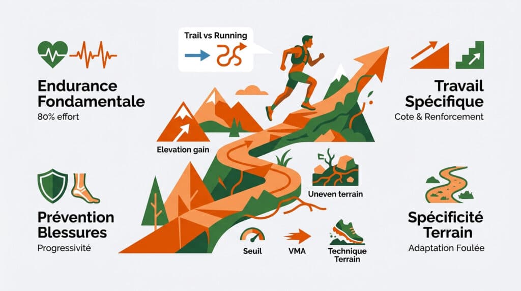 Infographie illustrant les composants clés de l'entraînement trail : endurance, renforcement, technique et prévention.
