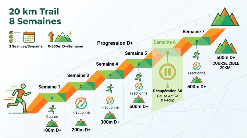 Infographie illustrant un plan d'entraînement de trail sur 8 semaines avec une progression du dénivelé positif.