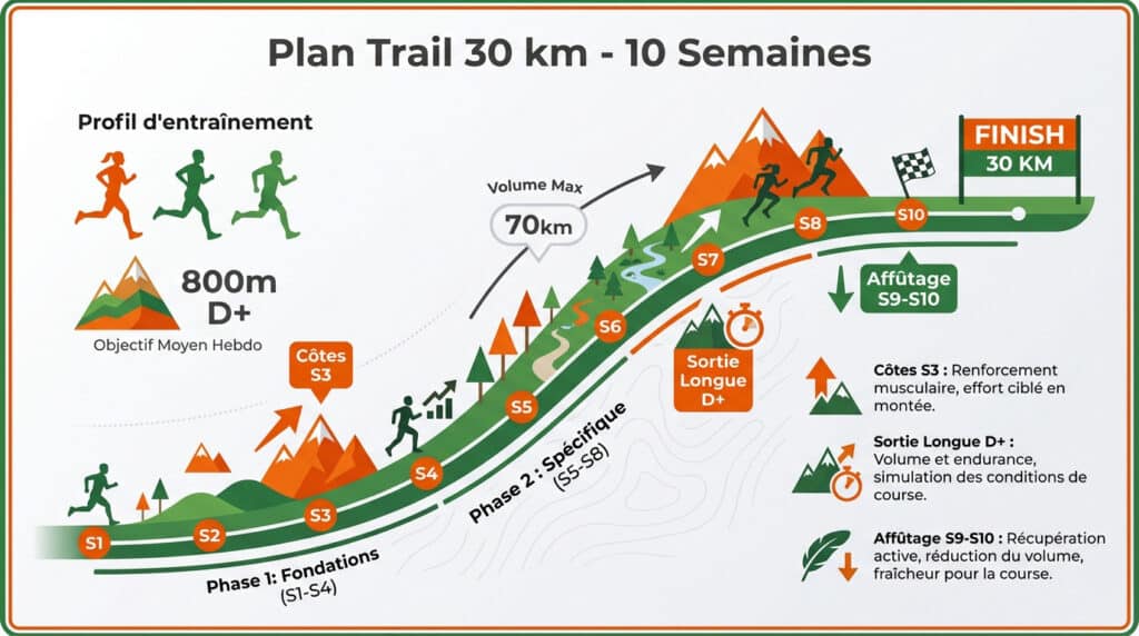 Infographie illustrant un plan d'entraînement de trail de 30 km sur 10 semaines avec des phases de progression.