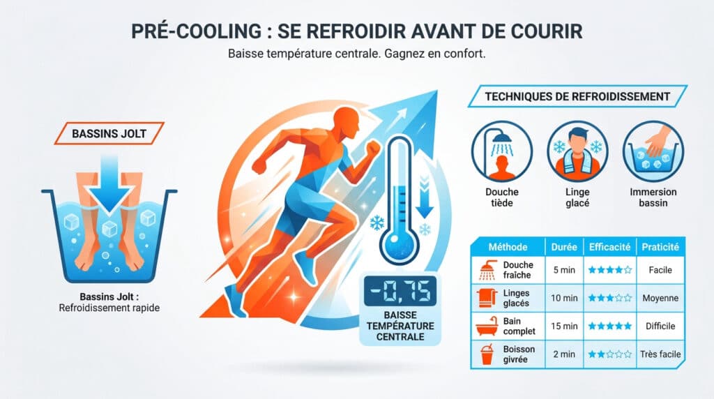 Infographie sur le pré-cooling montrant un coureur et diverses méthodes de refroidissement pour la course à pied.