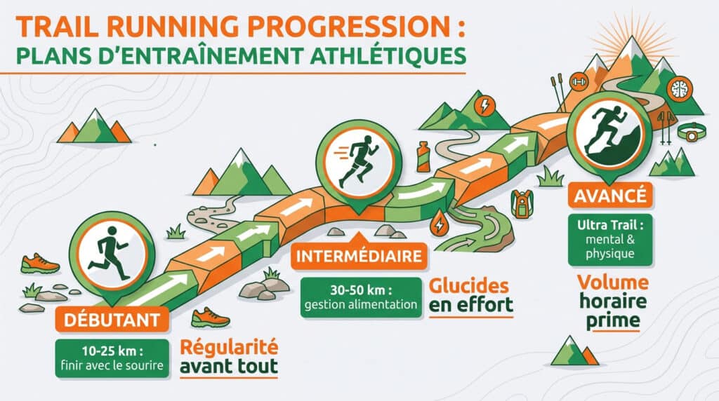 Infographie illustrant la progression en trail running, du niveau débutant à avancé sur un chemin en montagne.