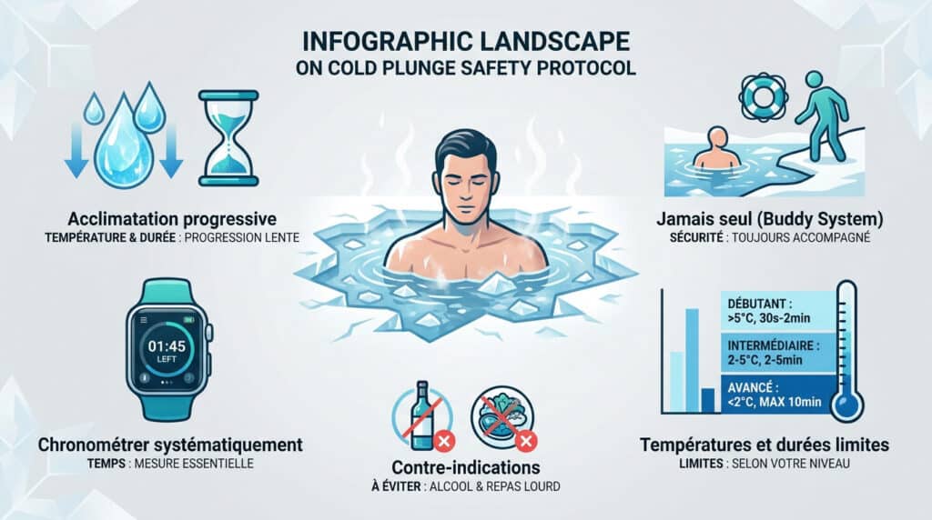 Infographie illustrant les règles de sécurité pour les bains froids : progression, présence d'un tiers, temps et limites.