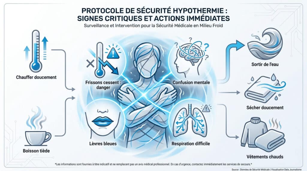 Infographie sur les signes d'hypothermie et les actions d'urgence lors de la pratique du bain froid.