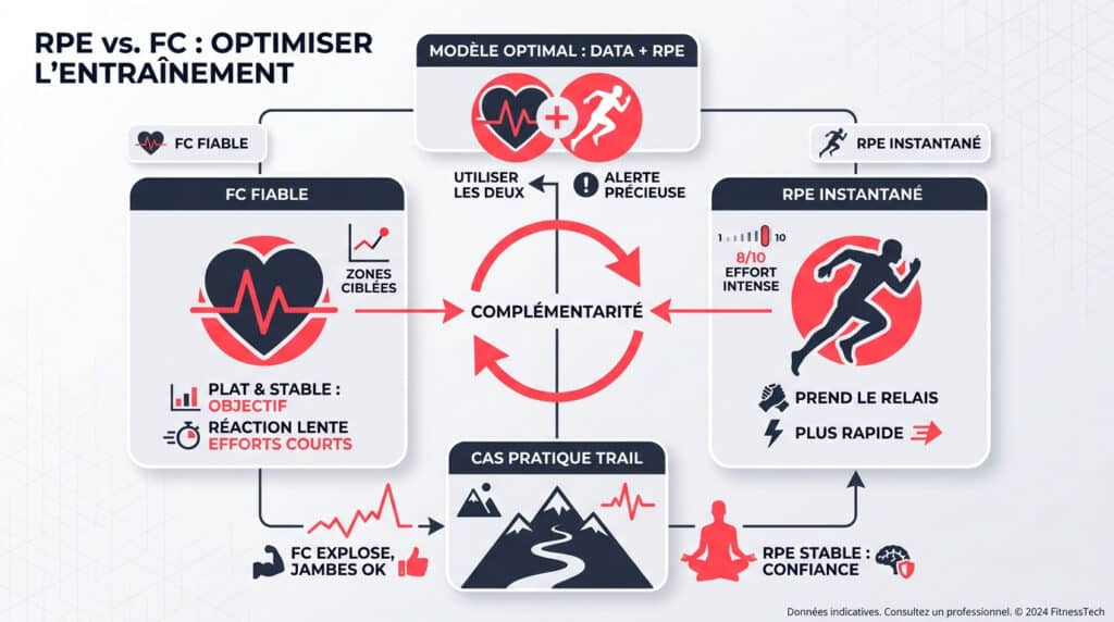 Infographie comparant l'usage de la fréquence cardiaque et du RPE pour optimiser l'entraînement sportif.