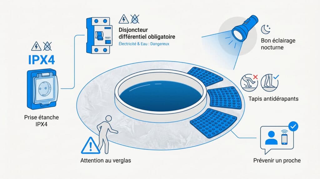 Schéma illustrant les consignes de sécurité pour un bain froid extérieur : électricité, éclairage et prévention glissade.