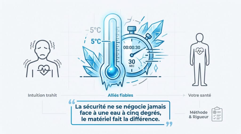Infographie illustrant les risques et les précautions pour la pratique du bain glacé, avec thermomètre et chronomètre.