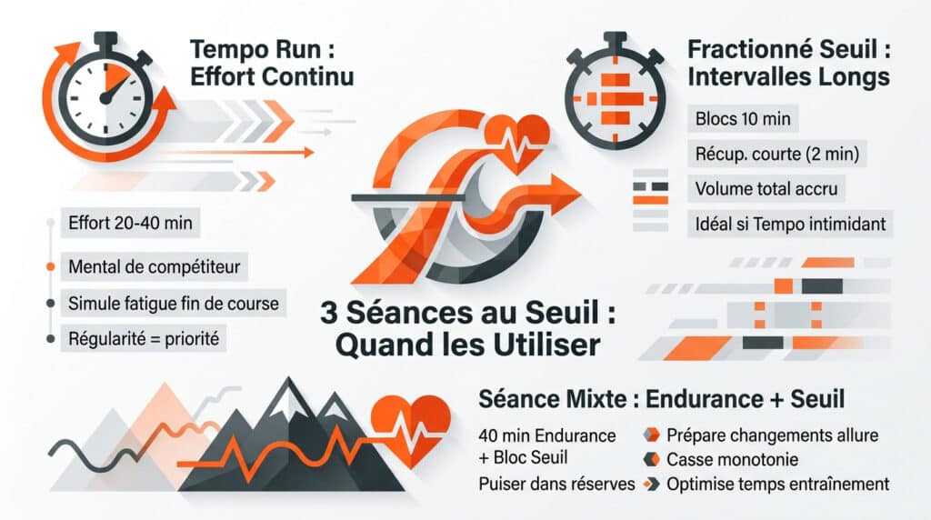 Infographie comparant trois méthodes d'entraînement au seuil : Tempo Run, Fractionné Seuil et Séance Mixte.